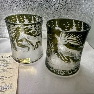 Egermann Czech Art Glass Deer Whiskey Glasses Limited Edition 1 of 10 COA
